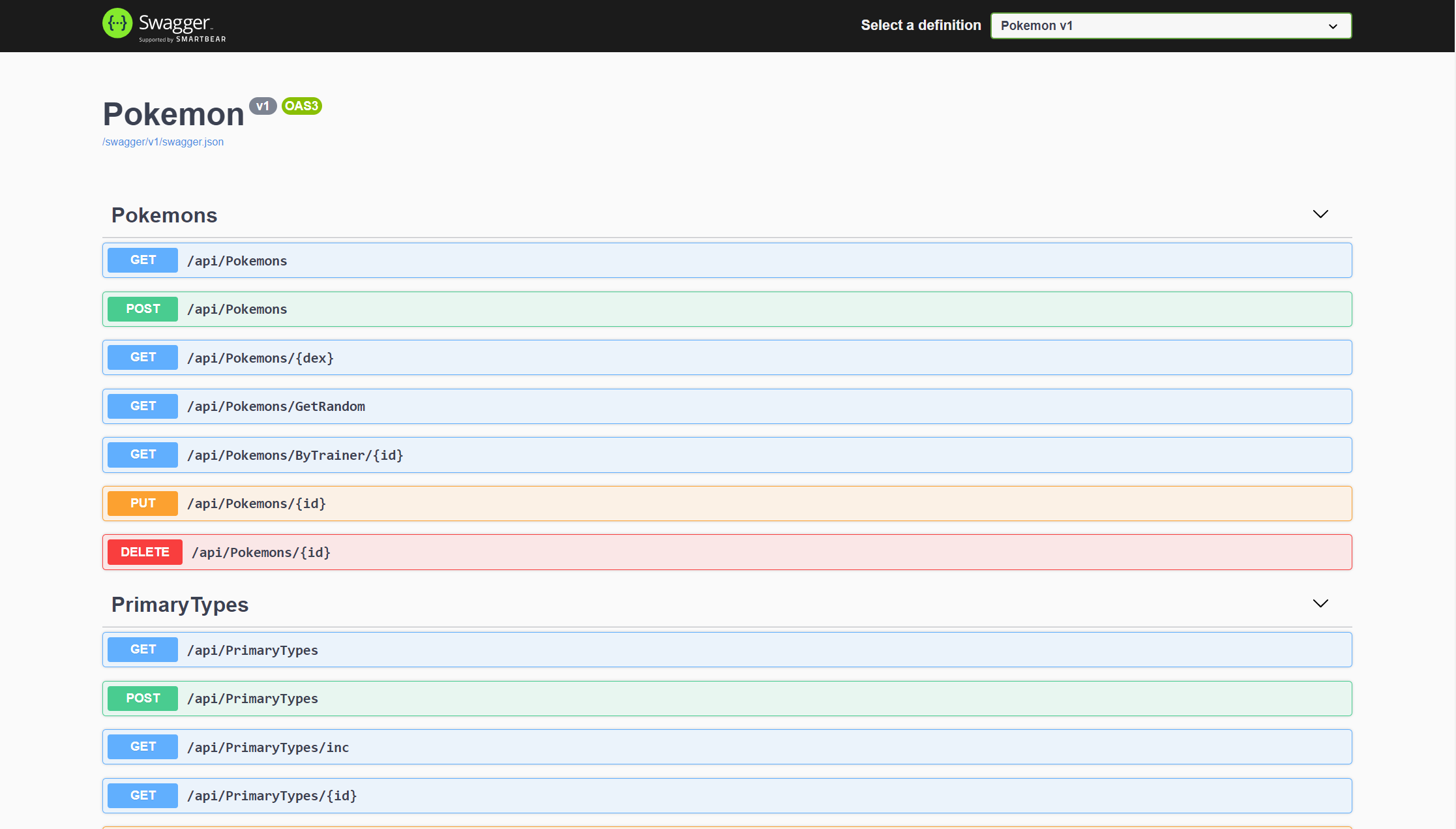 Swagger UI showing Pokemon in an API