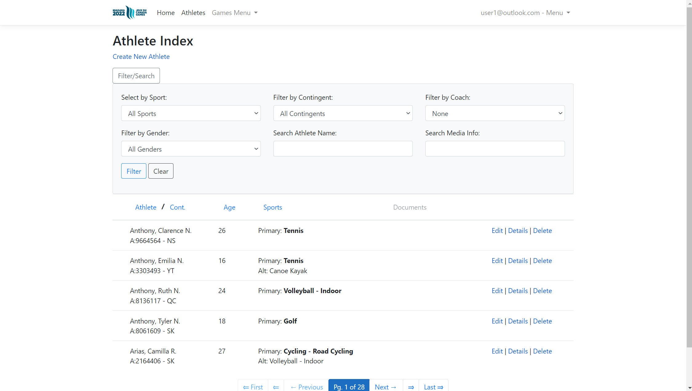 an image of the Canada Games Management athletes list with filtering opened